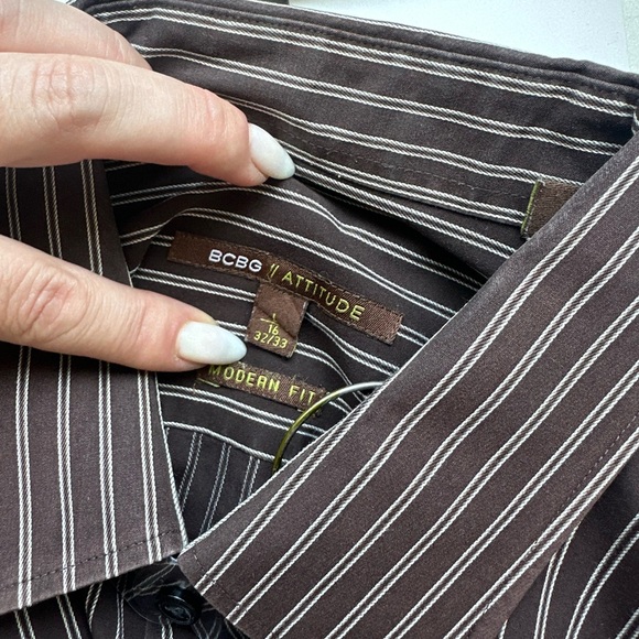 BCBG Brown Casual Button Down Shirt with Stripes - Picture 6 of 7